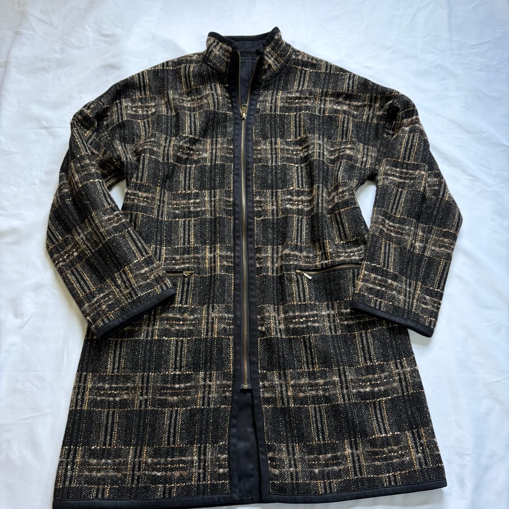 Yansi Fugel Black and Brown Plaid Trench Coat